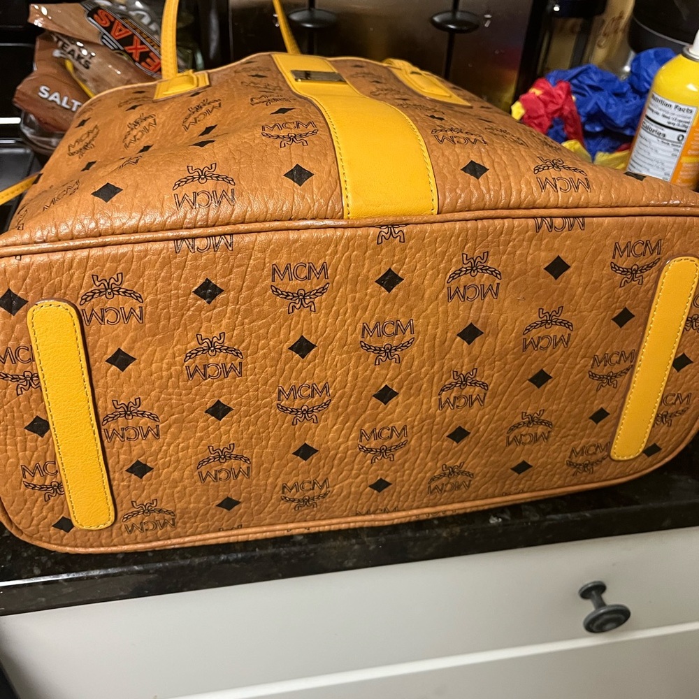 MCM Visetos Shopper Tote Bag Cognac with Signature Monogram- Tan/Yellow - Picture 7 of 12